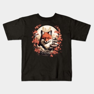 Red Fox Japanese Art with Sakura Trees Kids T-Shirt